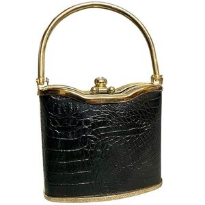 Vintage Bijoux Terner Black Croc-Embossed Mini Frame Handbag w/ Gold Handle